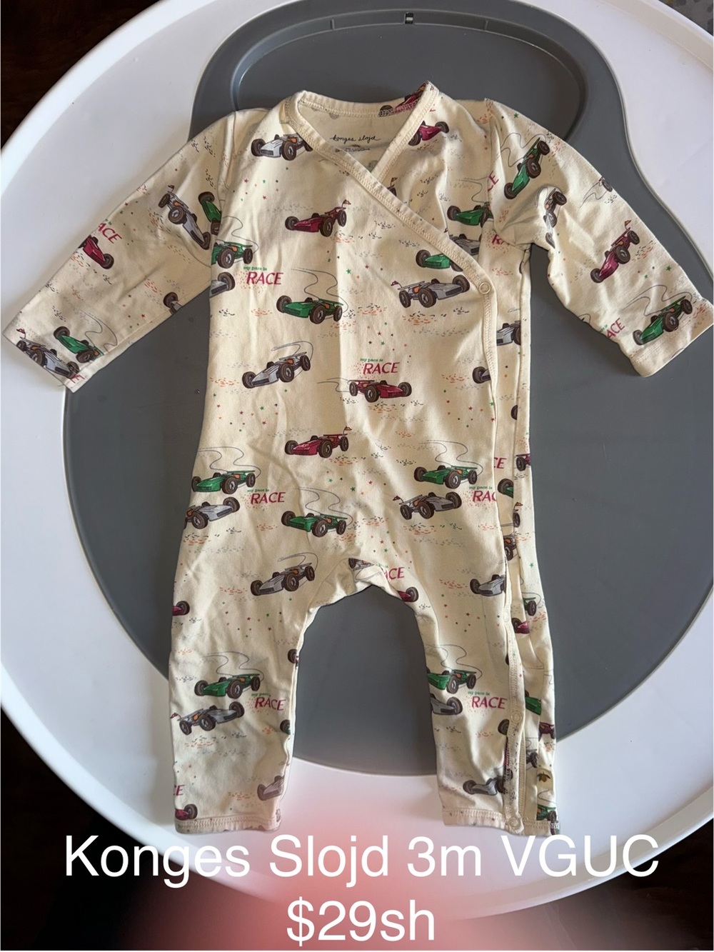 Konges Sløjd Cream Race Car Wrap-Front Baby One-Piece